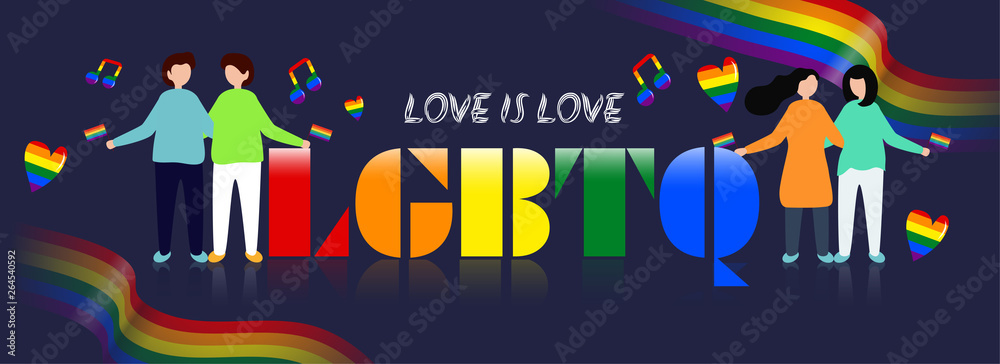 Love is Love banner concept for LGBTQ Community with illustration of Gay and Lesbian couples.