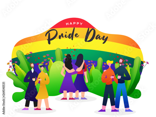 Happy Pride Day concept with Lesbian and Gay Couples and rainbow color background, symbol of freedom.