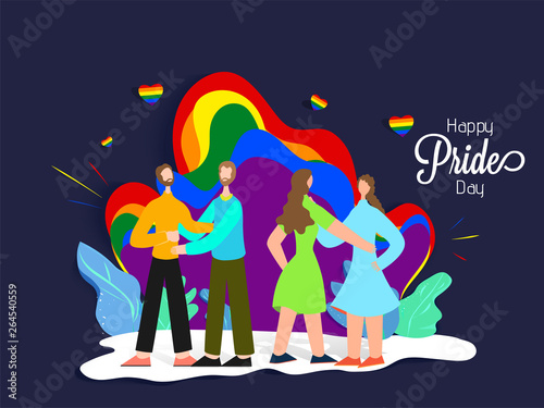 Happy Pride Day concept for LGBTQ community with Gay and Lesbian couple and rainbow background symbol of freedom.