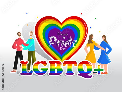 Happy Pride Day concept for LGBTQ community with Gay and Lesbian couple and rainbow color heartshape symbol of freedom.