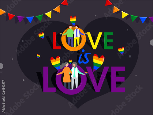 Love is Love concept with illustration of Gay and Lesbian couples and rainbow color bunting flags symbol of freedom.