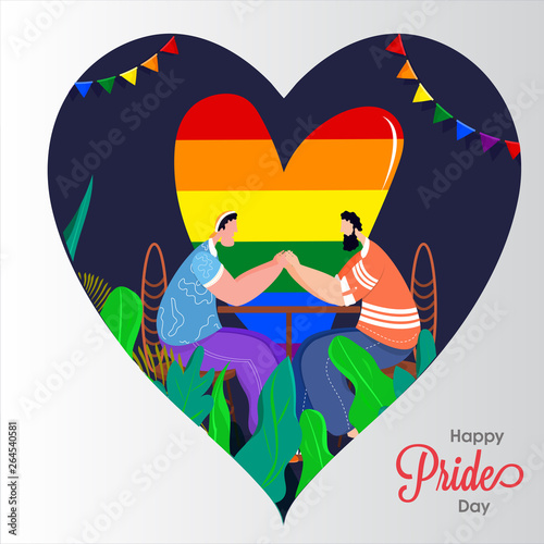 Happy Pride Day concept for LGBTQ community with gay couple holding hands and rainbow color freedom heartshape on background.