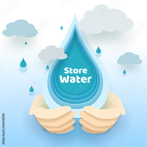 Hands protected to water drop in paper cut on rainy weather background for Store Water concept.