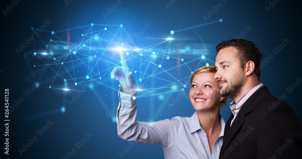 Man and woman touching hologram screen displaying modern web system
Man and woman touching hologram screen displaying modern web system
