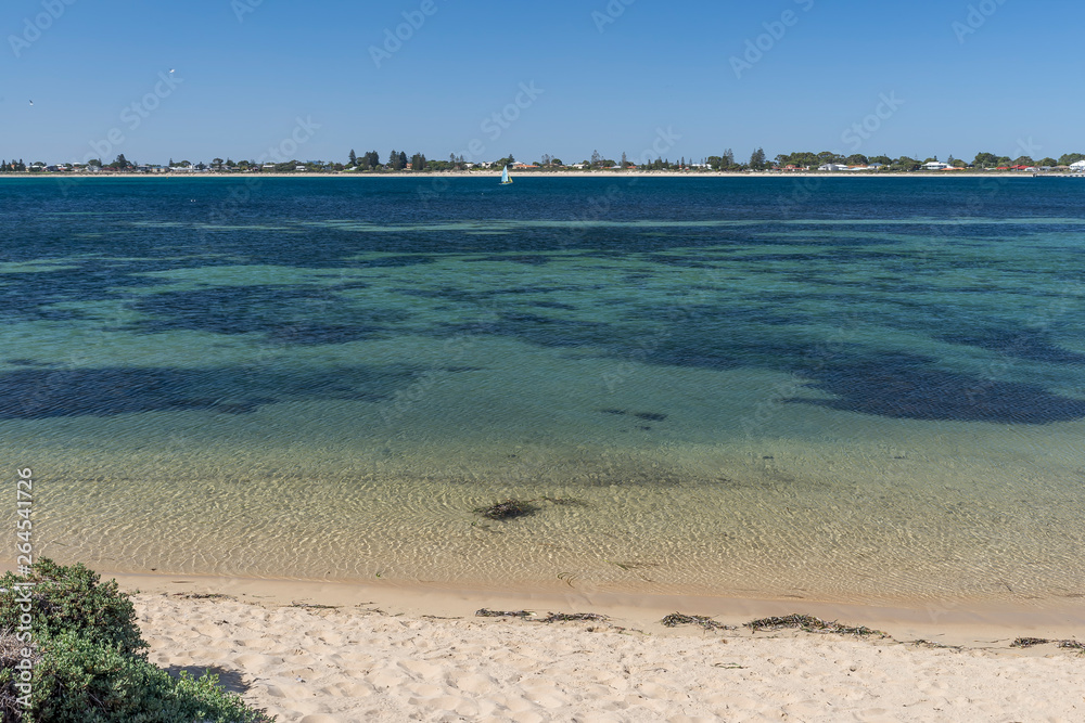 The beach and the beautiful sea of Penguin Island with the coast of Rockingham, Western Australia in the background