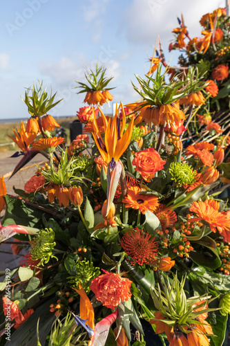 Floristic decoration with tropical flowers against a blue sky
