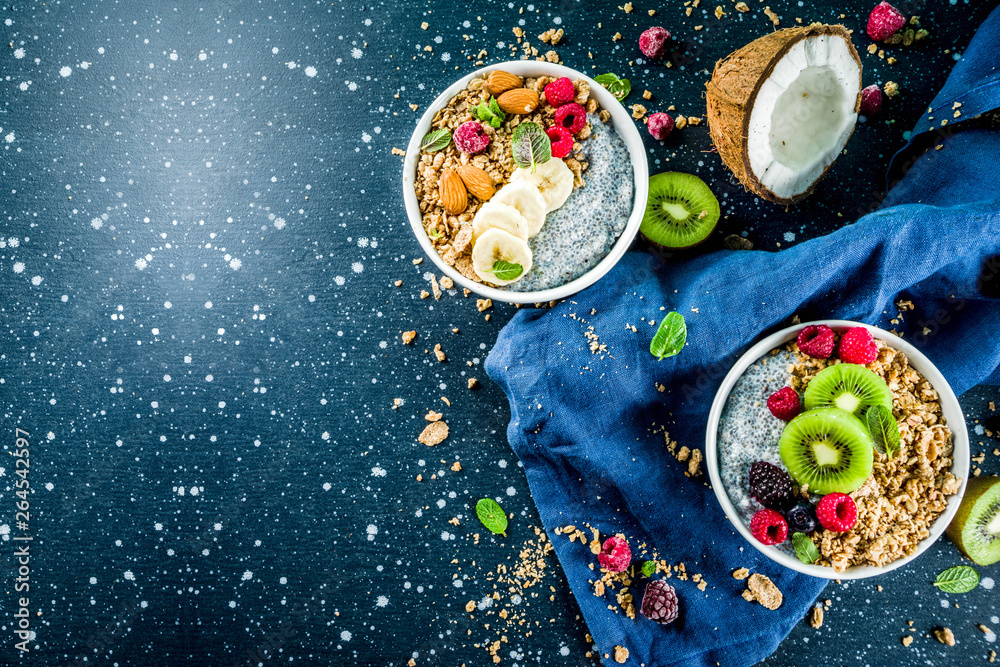 Granola with chia seeds yogurt, fresh fruit and berries