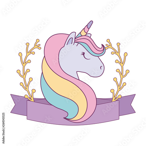 head of cute unicorn with ribbon and branches of leafs