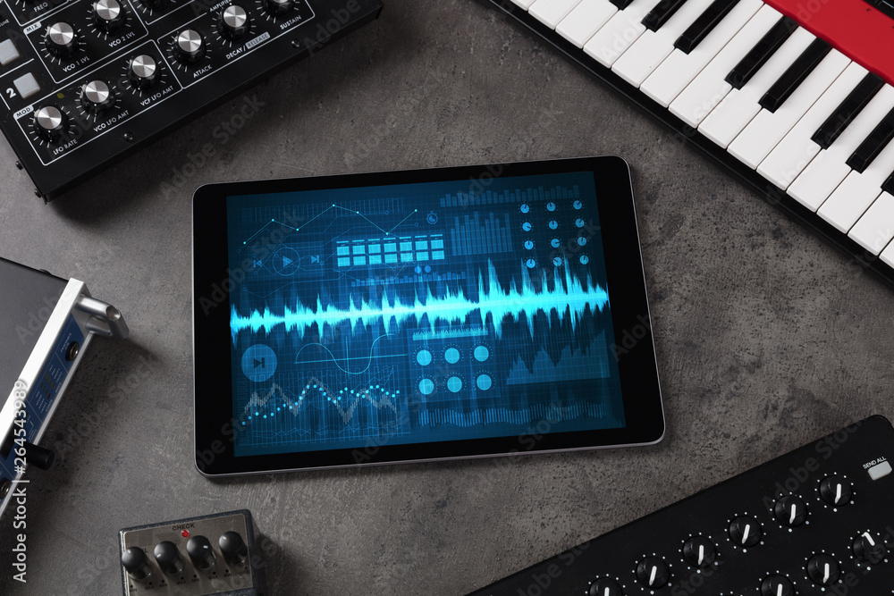 Music instruments and tablet with recording sound concept
