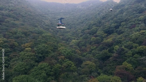 Korea, songnisan cable car, follow drone shot, low angle, cable car passing by photo