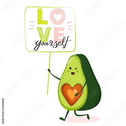 Cartoon cute avocado character with heart and lettering. Stylish typography slogan design "Love yourself" sign. Design for t shirts, posters, cards etc. Vector illustration on white background.