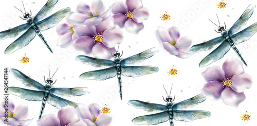Dragon fly pattern Vector watercolor. Spring summer texture designs