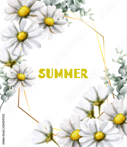 Chamomile summer card Vector watercolor. Vintage flowers white colors. Delica...
