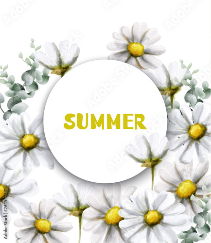 Chamomile summer card Vector watercolor. Vintage flowers white colors. Delica...