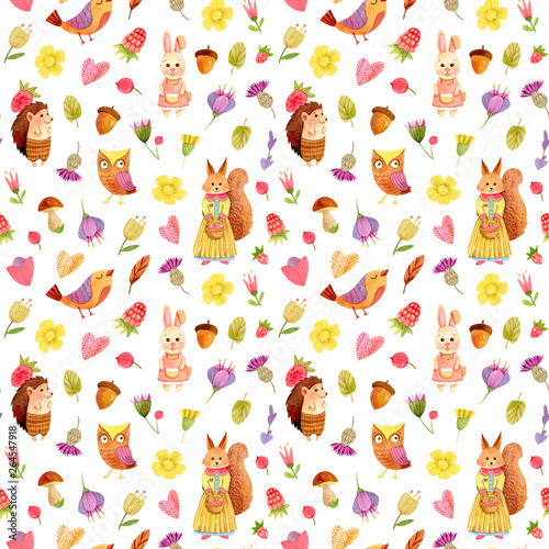 Watercolor Cartoon Animals Seamless Pattern