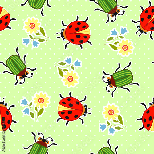 Funny little beetle. Educational game for children. Cartoon vector illustration. Vector seamless pattern.
