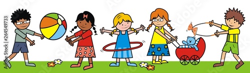Group of happy kids, children with toys, funny vector illustration. Little girls and boys playing on the meadow. Illustration for children.