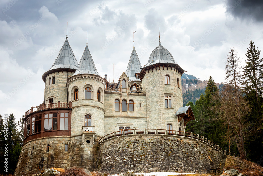 Savoia Castle on a cloudy day, Gressoney Saint Jean, Aosta, Italy