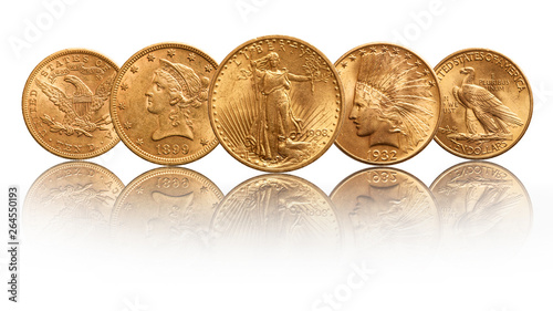 US gold coins twenty dollar double eagle indian head, isolated on white background