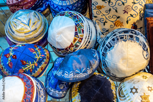 Kippas sold in the market in the old city, Jerusalem, Israel photo