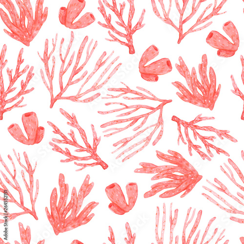 Fototapet Seamless pattern of bright watercolor hand-drawn corals