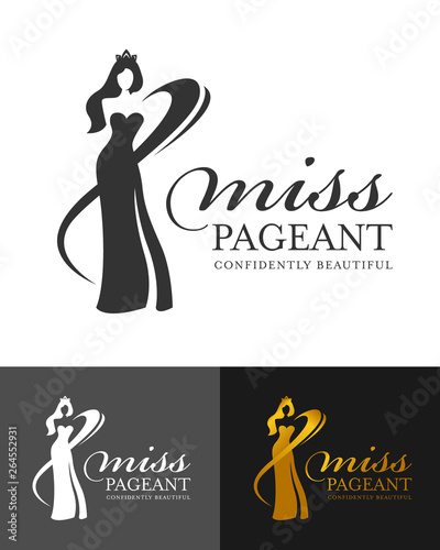 miss pageant logo sign with abstract  woman queen wear crown and line curve vector design photo