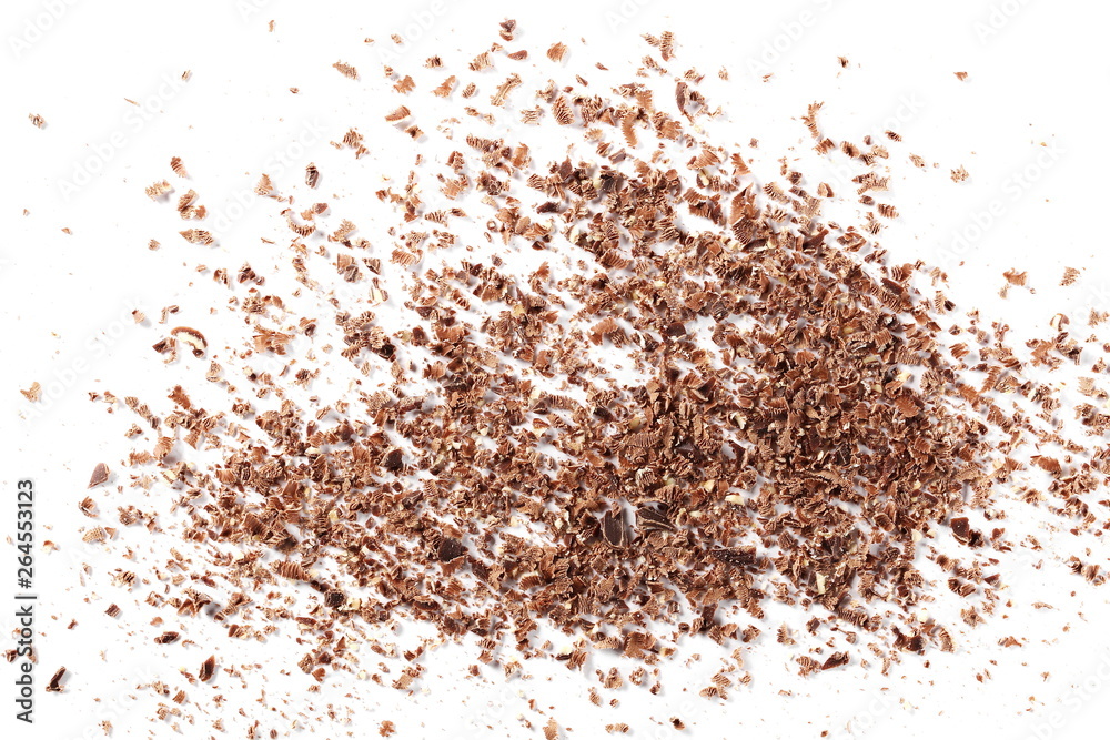 Pile chopped, milled chocolate with hazelnut isolated on white background, top view Pile chopped, milled chocolate with hazelnut isolated on white background, top view