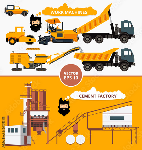 Vector cement factory and work machines paver, asphalt, road construction, cold milling machine, tipper, car, SUV