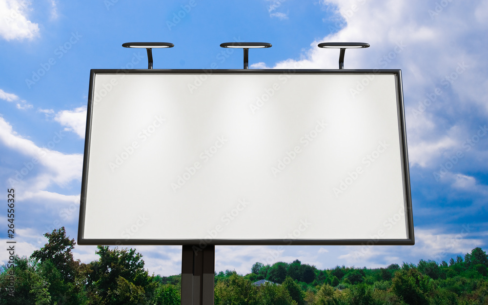 3D rendering of blank billboard (empty advertisement) with clouds. Empty mockup template