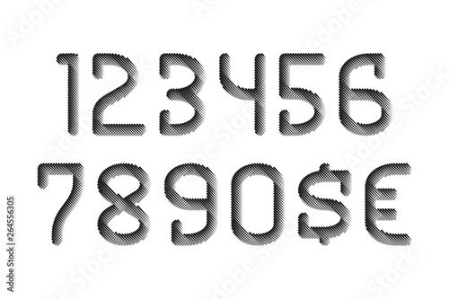 Hatching textured numbers with currency signs in monochrome urban style.