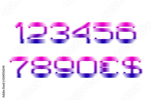 Pink blue gradient numbers with currency signs in fuzzy style.