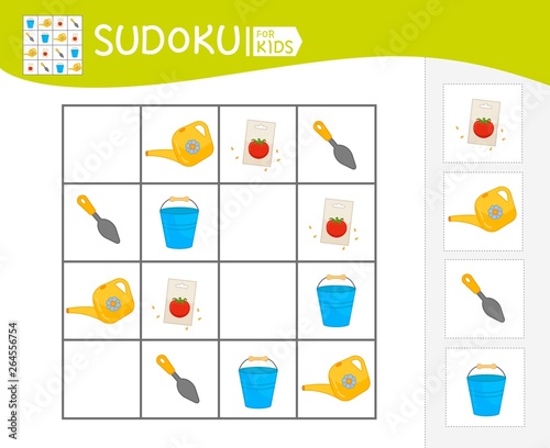 Sudoku game for children with pictures. Kids activity sheet.  Cartoon garden equipment.