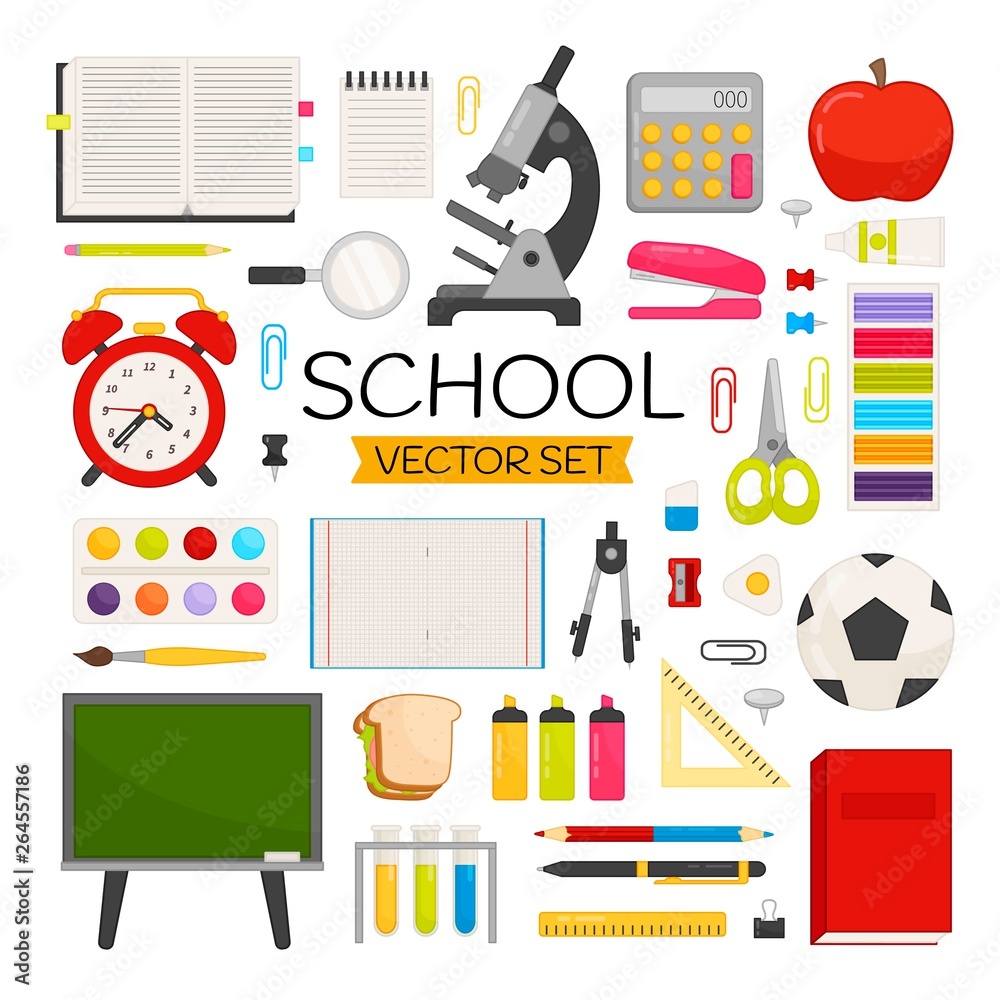 Obraz Vector set back to school. Cartoon elements stationery and school objects. Bright set for website templates, banners, posters.
