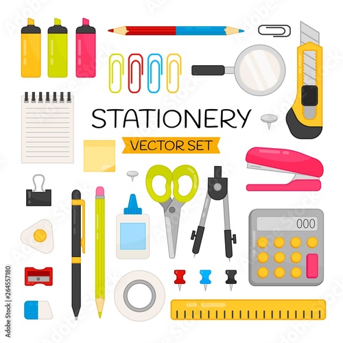Vector set Stationery.. Cartoon elements of office stationery tools . Bright set for website templates, banners, posters.