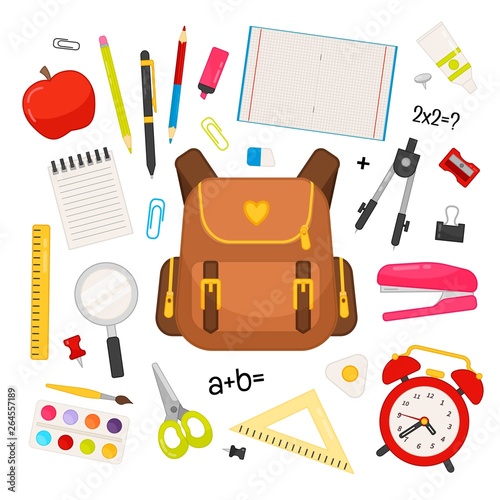 Vector illustration of a school backpack and study supplies.