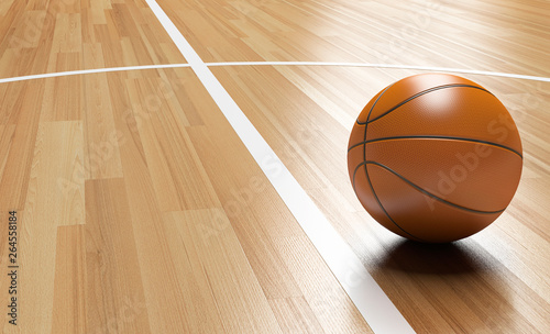 Basketball on Wooden Court Floor 3D rendering