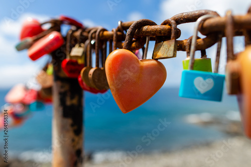 Heart locks on the wall Lanzarote.  Canary islands, Spain. photo