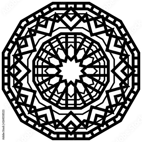 Geometric mandalas. Coloring book page. Zigzag ornament. Round element for design. Decorative ornament. Sketch for tattoo. Ethnic Fractal Mandala. Graphic element.