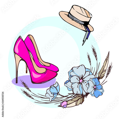 Hand-drawn vector fashion illustration with stylish women’s stilettos, hat and gentle blue flowers.Vector eps10