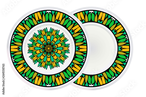 Set of two Decorative Elements With Mandala Ornament and round frame. Ornamental Floral, Oriental Pattern. Vector Illustration. Indian, Moroccan, Mystic, Ottoman Motifs. Anti-Stress Therapy Pattern