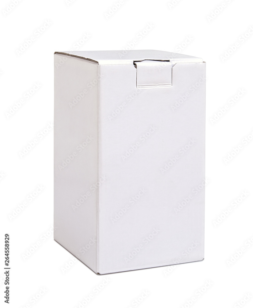 Real Vertical blank carton box closed isolated on white Real Vertical blank carton box closed isolated on white
