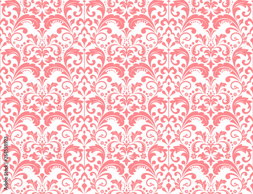Wallpaper in the style of Baroque. Seamless vector background. White and pink floral ornament. Graphic pattern for fabric, wallpaper, packaging. Ornate Damask flower ornament
