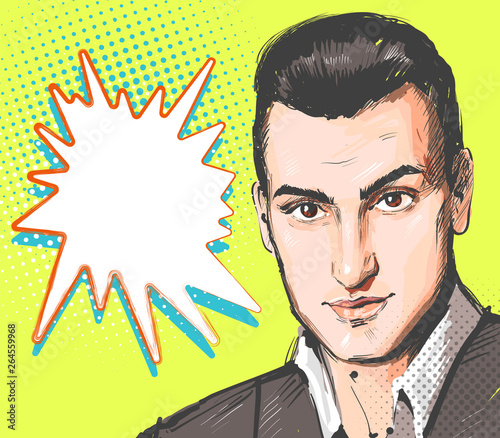 Pop art man. Young handsome man portrait. Vector illustration in retro comic style. Vector pop art background.