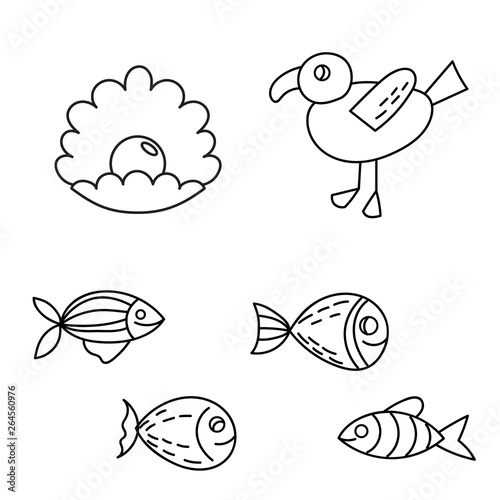 Fantasy ocean collection with doodle fish  shells and bird for adult coloring book. Black and white sea life background in line art style