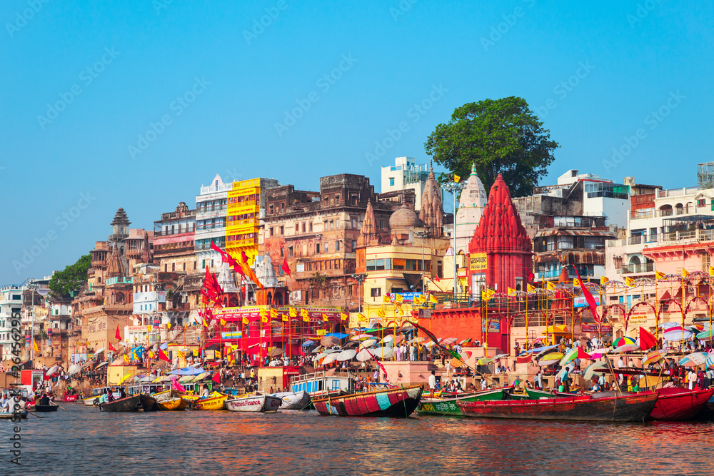 Colorful boats and Ganges river