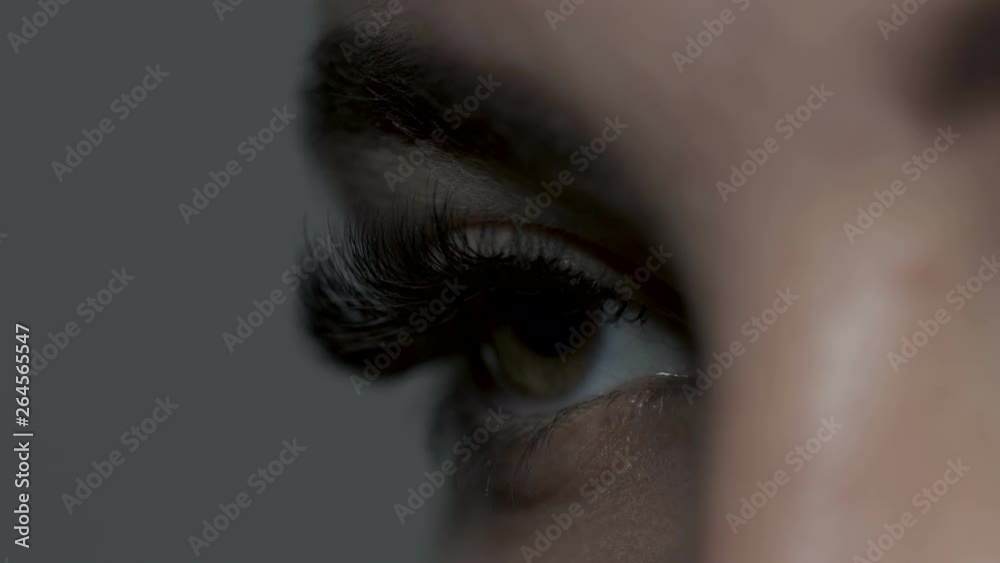 Close up of beautiful green female eye. Macro of eye with extended eyelashes 