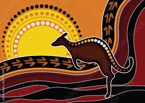 Aboriginal art vector painting with kangaroo. Illustration based on aboriginal style of landscape dot background.