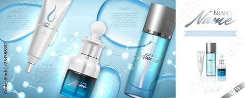 Design advertising poster for cosmetic product for catalog, magazine.Design of cosmetic package. Moisturizing cream, gel, body lotion, serum with vitamins and hyaluronic acid