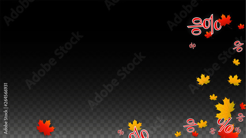 Vector Percentage Sign and Autumn Leaves Confetti on Transparent Background. Percent Sale Background. Business, Economics, Finance Print. Discount Illustration. Promotion poster. Black Friday Banner. 