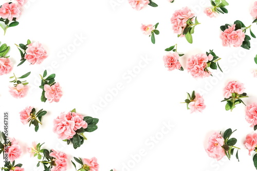 Flowers composition background . Pink flowers azalea pattern on white background. Top view. Copy space. Holiday concept